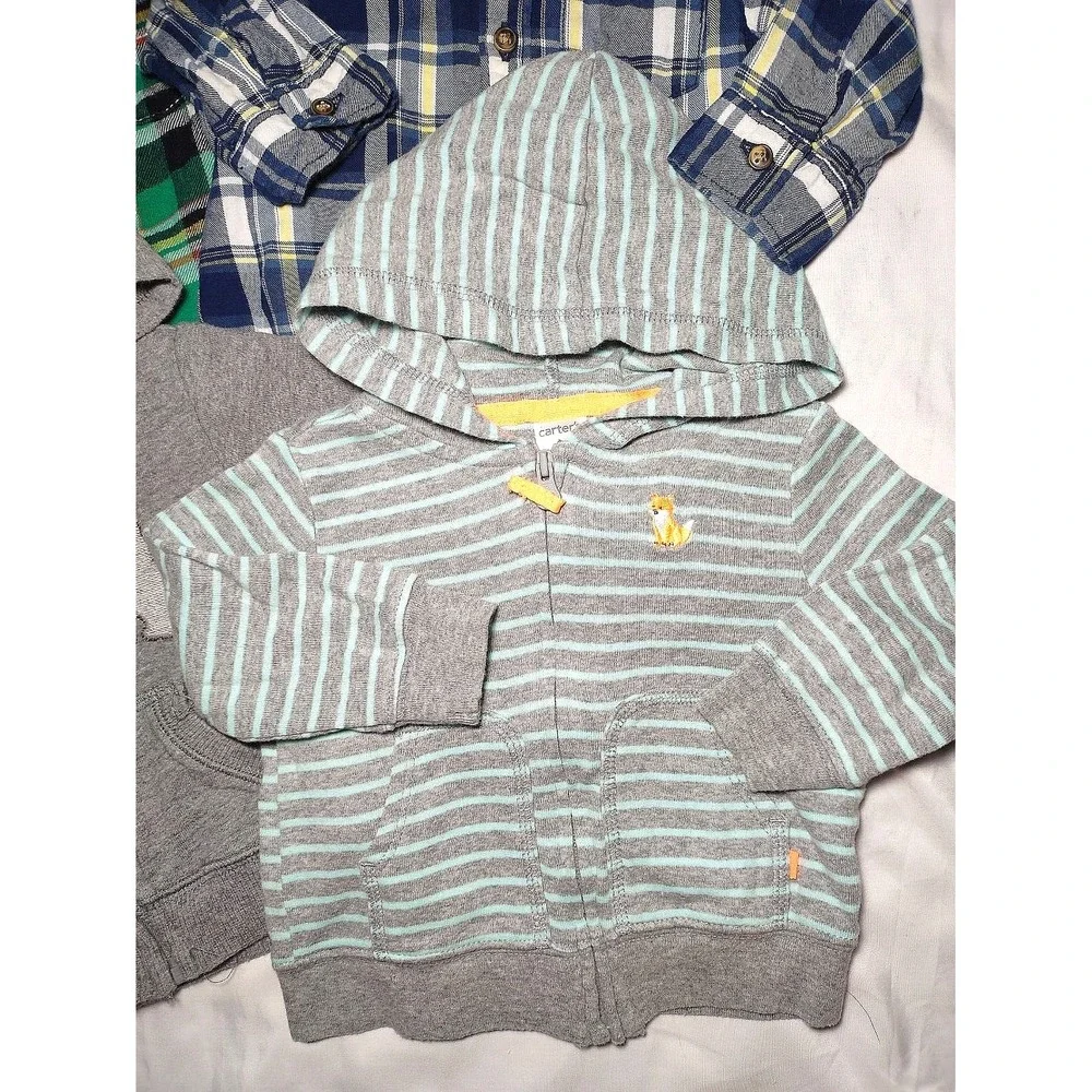 Carter's Baby Boy 6 Mos Hooded Jacket Button Down Plaid‎ Top Lot 4pc Bear Fox